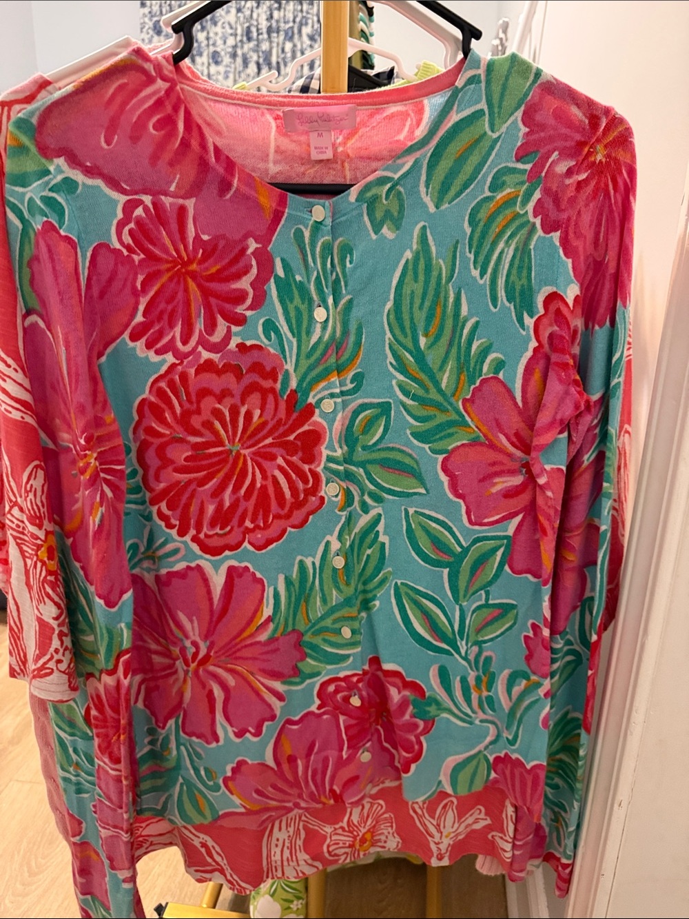 Lilly Pulitzer Teal Button-Front Floral Cardigan with Pink Blooms